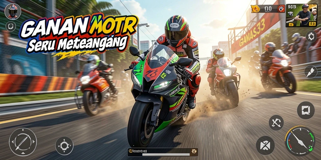 Screenshot gameplay GANAS33 menampilkan balapan motor yang mendebarkan.