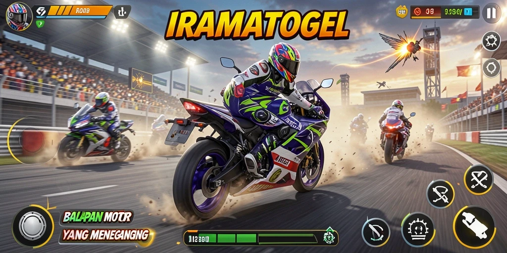 Screenshot menampilkan aksi balapan motor yang cepat dan mendebarkan.
