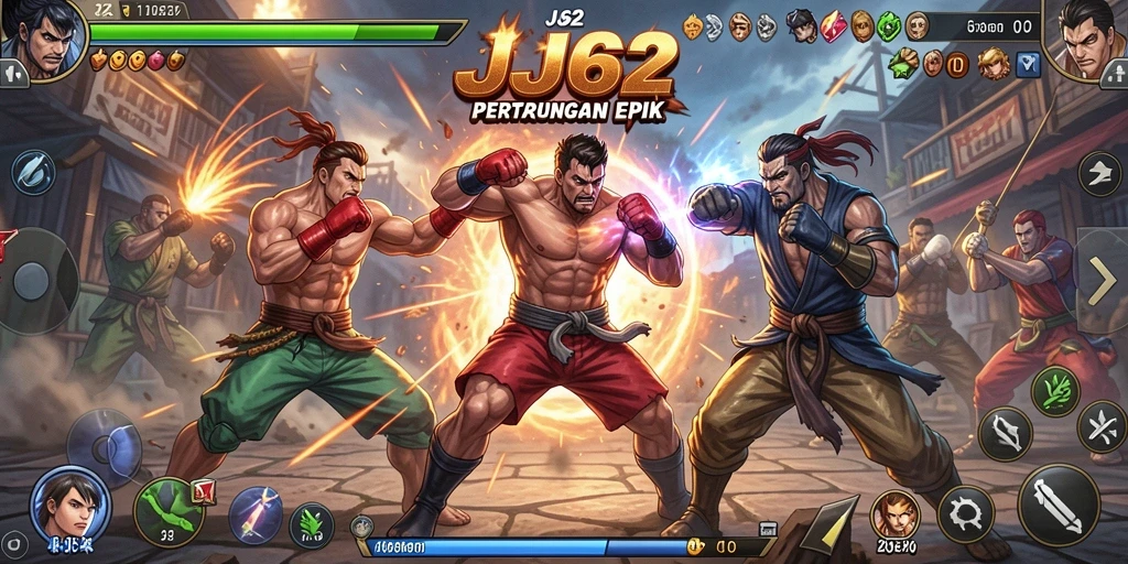 Screenshot gameplay JJ62 menampilkan karakter bertarung dengan aksi mendebarkan.