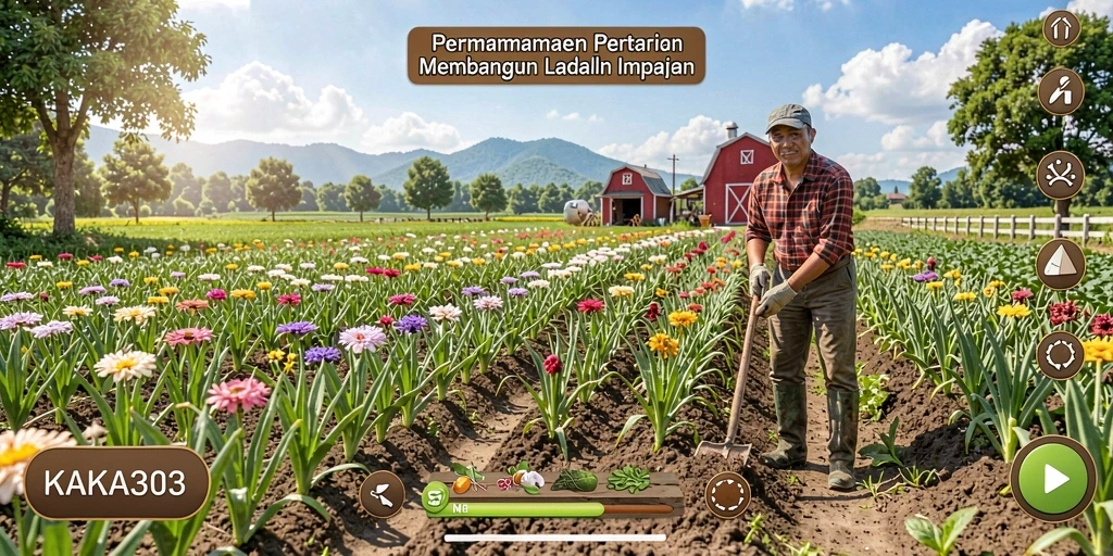 Screenshot gameplay KAKA303 menampilkan pertanian yang subur dan aktivitas panen.
