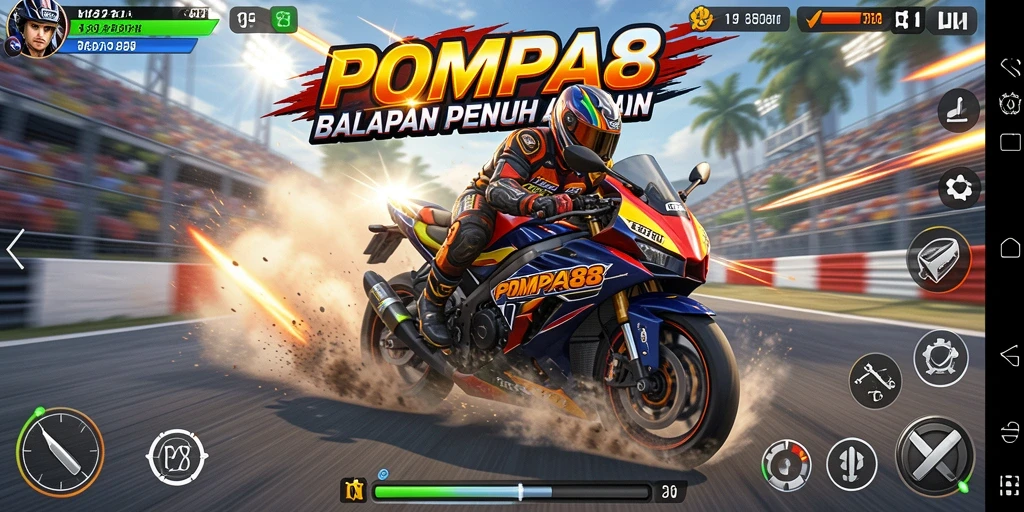 Gameplay seru POMPA88 dengan aksi balap motor yang menegangkan.