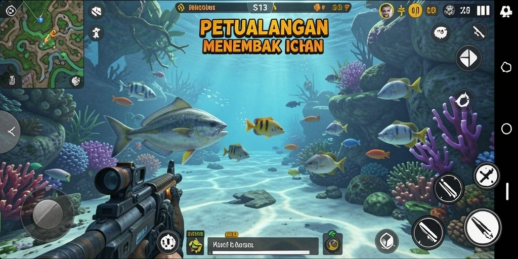 Screenshot S13 menampilkan aksi seru menembak ikan.